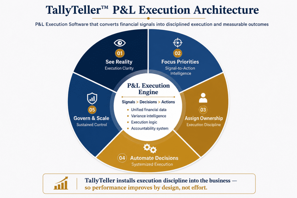 TallyTeller P&L Execution Architecture diagram showing the five-stage execution system: See Reality, Focus Priorities, Assign Ownership, Automate Decisions, and Govern & Scale.